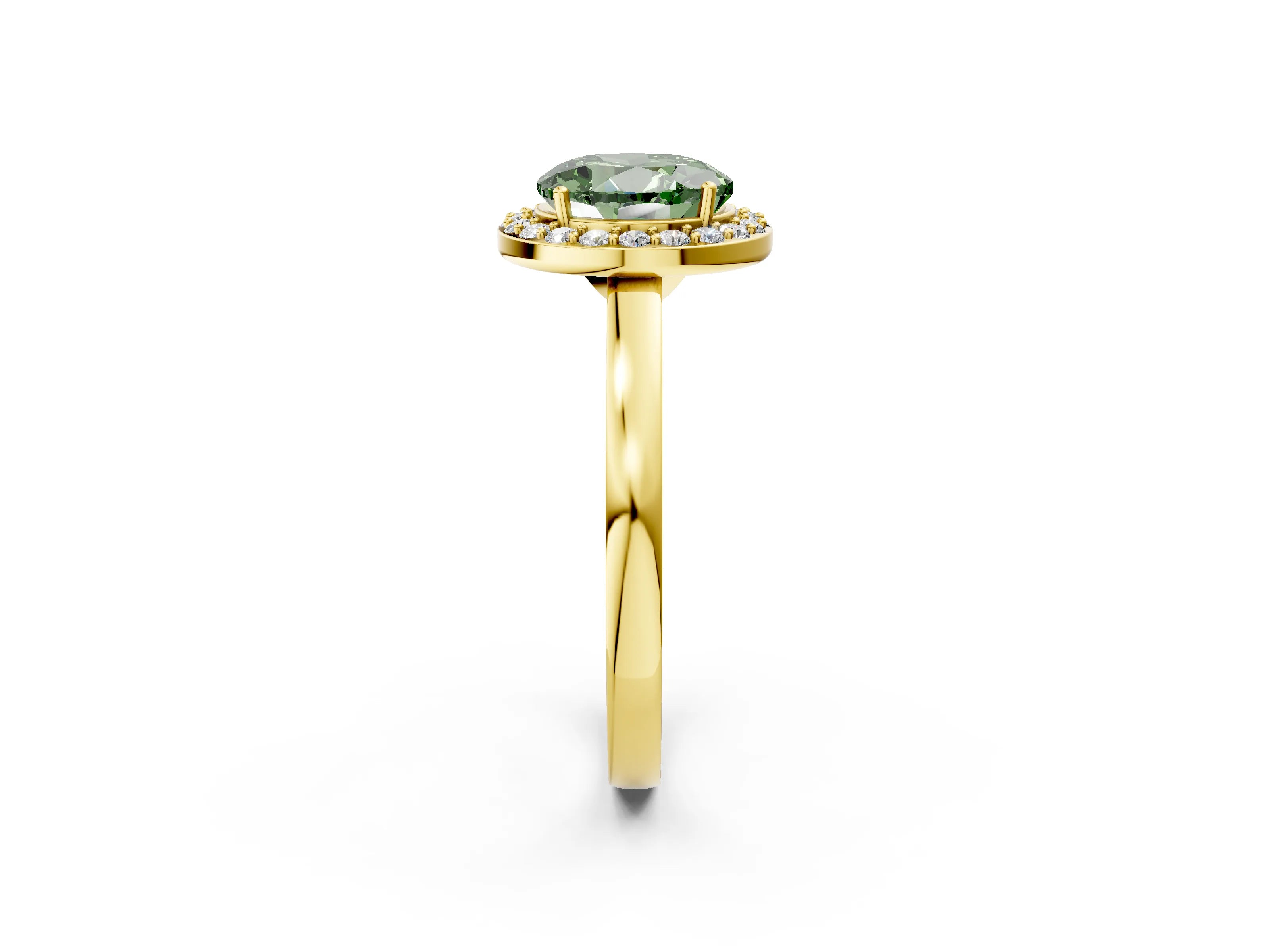 Yellow gold Fancy Green Round Cut Halo Diamond Ring with Solitaire Band and Prong Setting_2