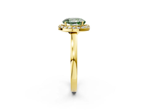 Yellow gold Fancy Green Round Cut Halo Diamond Ring with Solitaire Band and Prong Setting_2