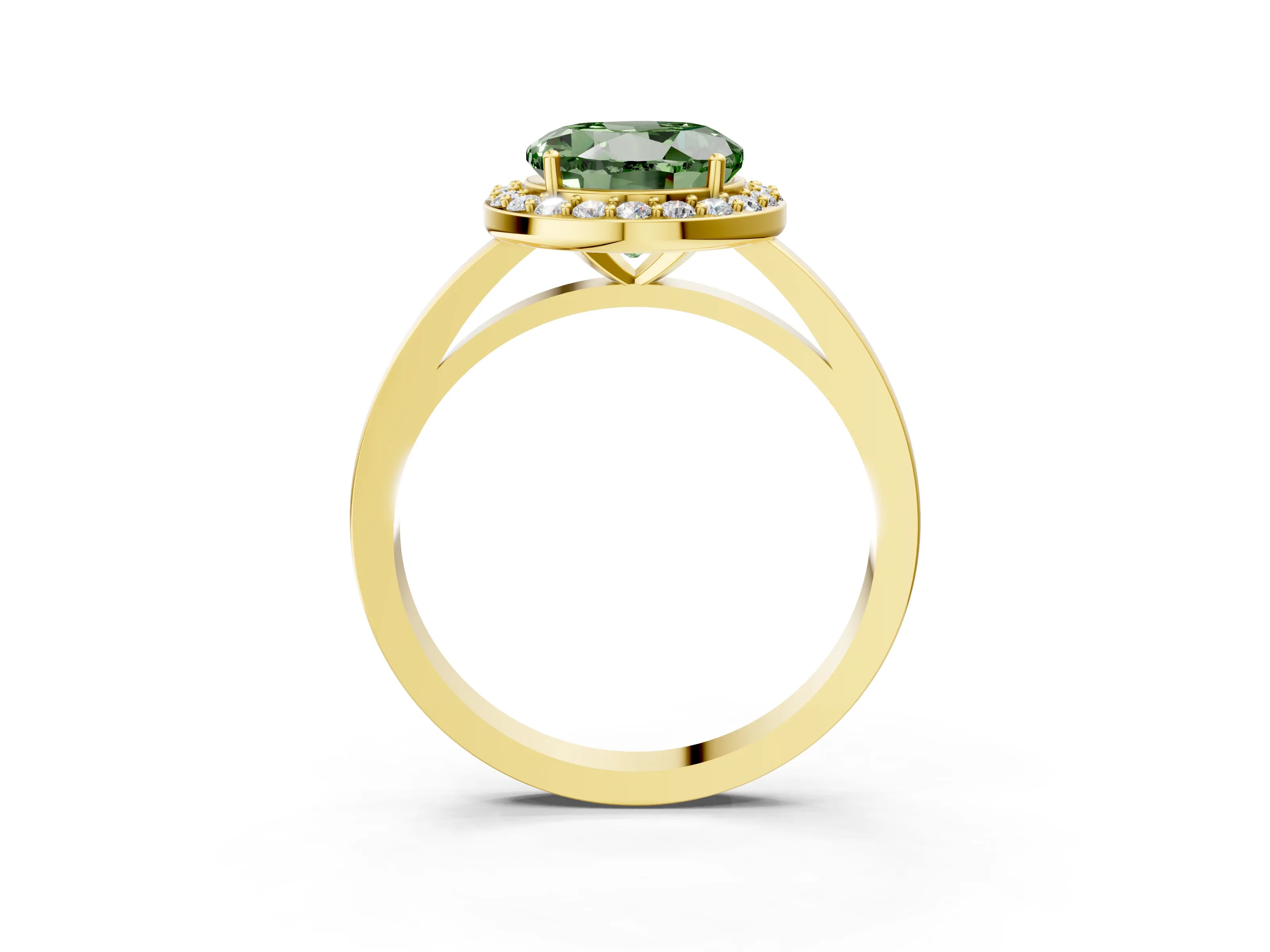 Yellow gold Fancy Green Round Cut Halo Diamond Ring with Solitaire Band and Prong Setting_3