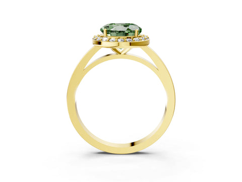 Yellow gold Fancy Green Round Cut Halo Diamond Ring with Solitaire Band and Prong Setting_3