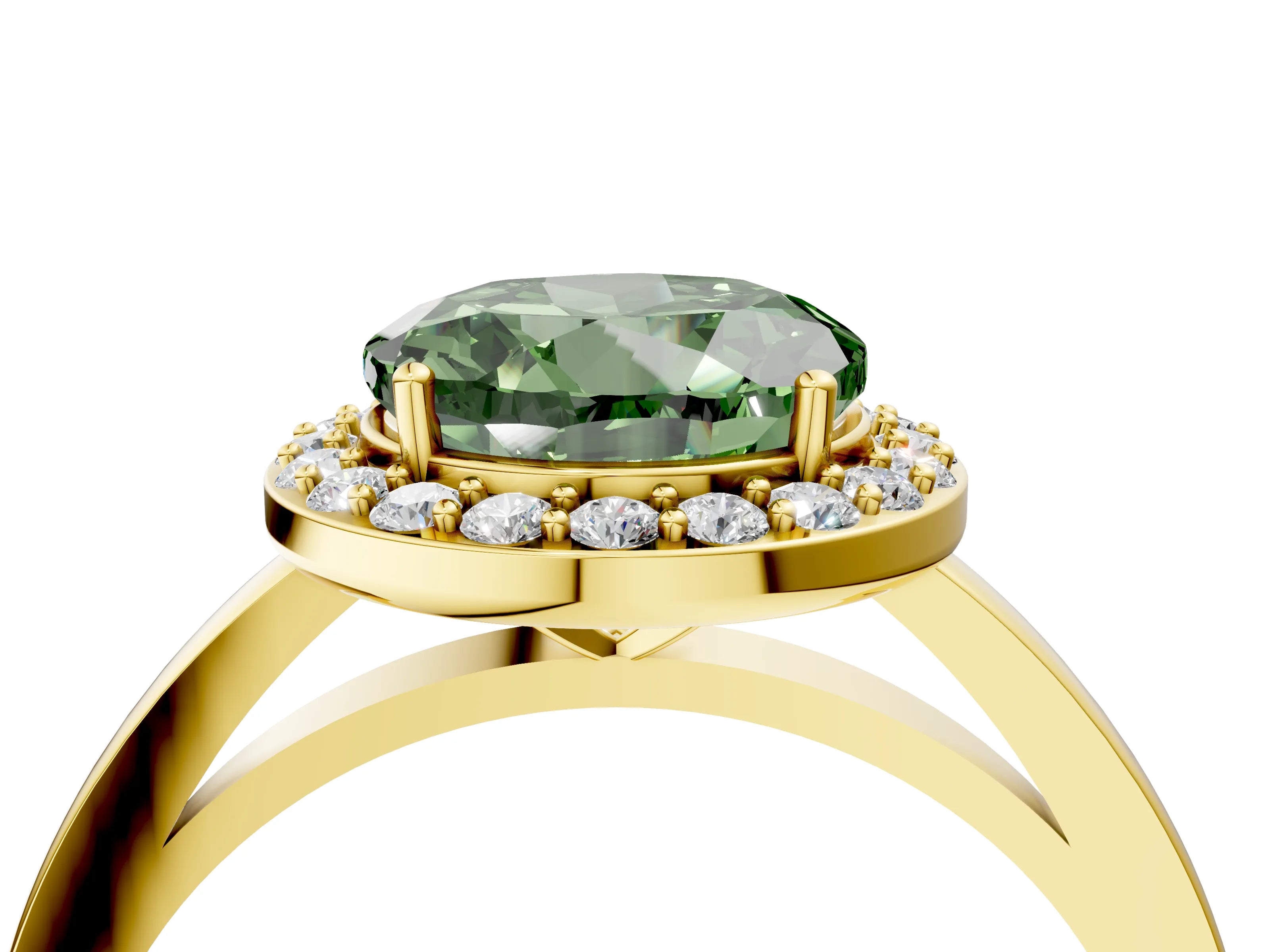 Yellow gold Fancy Green Round Cut Halo Diamond Ring with Solitaire Band and Prong Setting_4