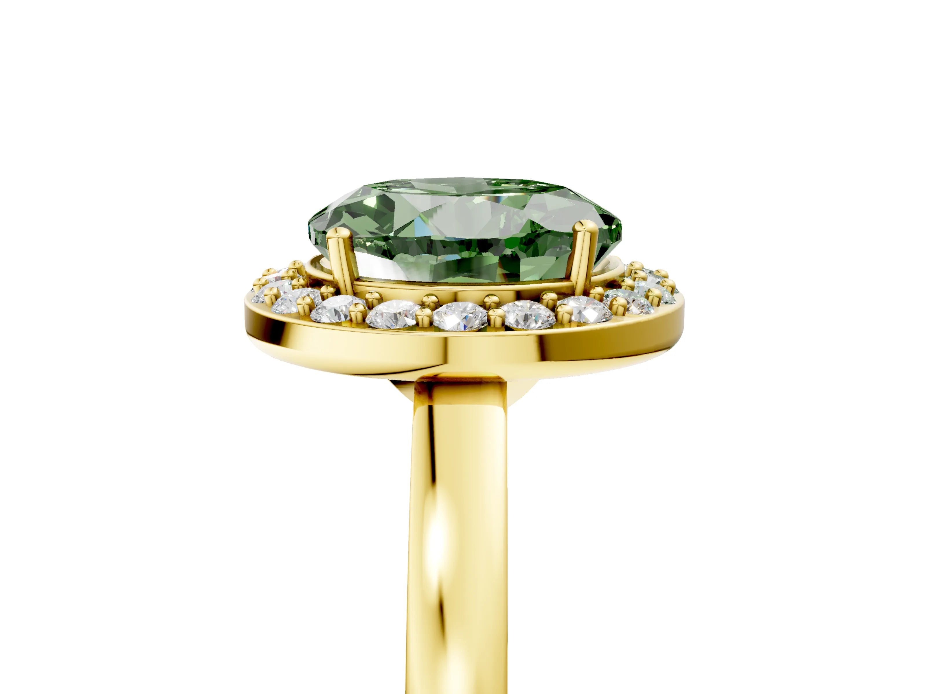 Yellow gold Fancy Green Round Cut Halo Diamond Ring with Solitaire Band and Prong Setting_5