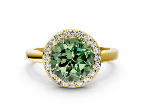 Yellow gold Fancy Green Round Cut Halo Diamond Ring with Solitaire Band and Prong Setting