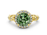 Yellow gold Fancy Green Round Cut Halo Diamond Solitaire with Filigree Band and Four-Prong Setting