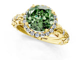 Yellow gold Fancy Green Round Cut Halo Diamond Solitaire with Filigree Band and Four-Prong Setting_1