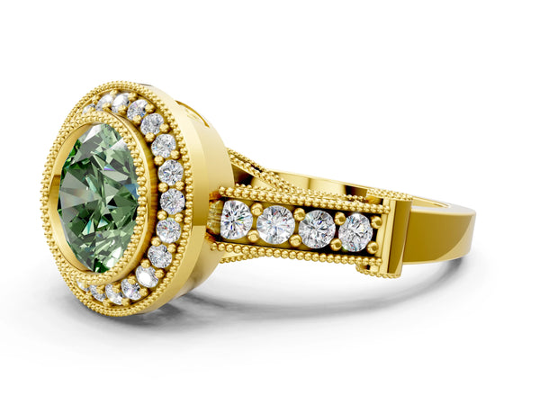 Yellow Gold Round Vintage Bezel Halo Engagement Ring Setting for Fancy Green Center