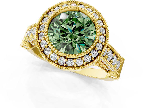 Yellow Gold Round Vintage Bezel Halo Engagement Ring Setting for Fancy Green Center