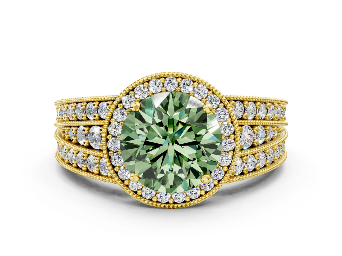 Yellow gold Fancy Green Round Cut Halo Diamond Split Shank Ring with Prong Setting