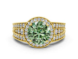 Yellow gold Fancy Green Round Cut Halo Diamond Split Shank Ring with Prong Setting