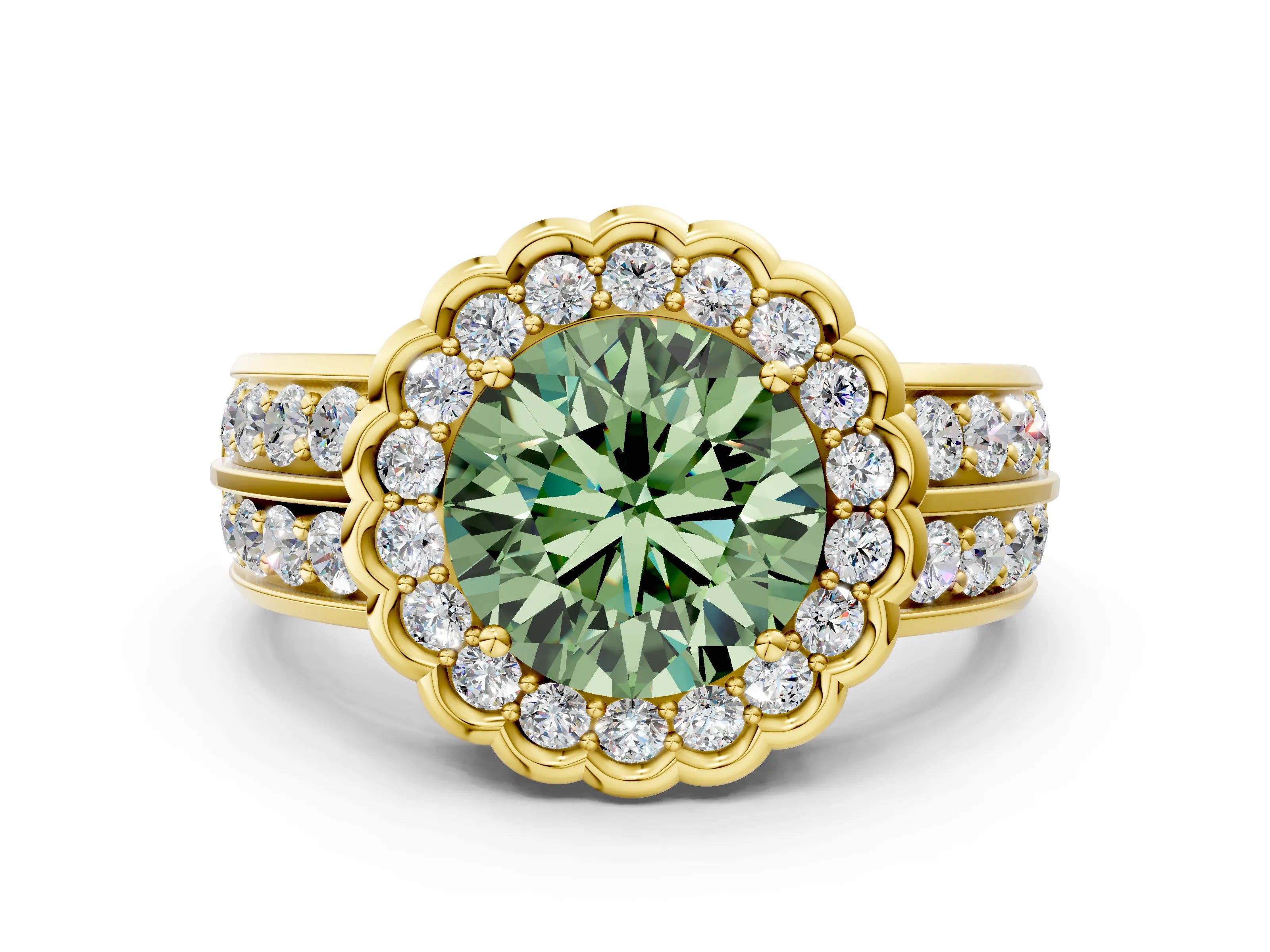 Yellow gold Fancy Green Round Cut Halo Diamond Split Shank Ring with Scalloped Prong Setting