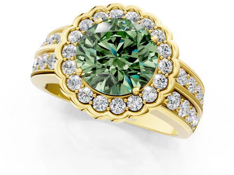 Yellow gold Fancy Green Round Cut Halo Diamond Split Shank Ring with Scalloped Prong Setting_1