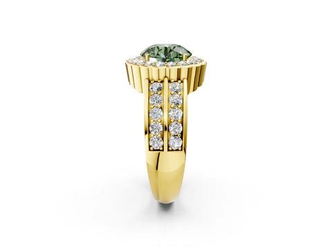 Yellow gold Fancy Green Round Cut Halo Diamond Split Shank Ring with Scalloped Prong Setting_2