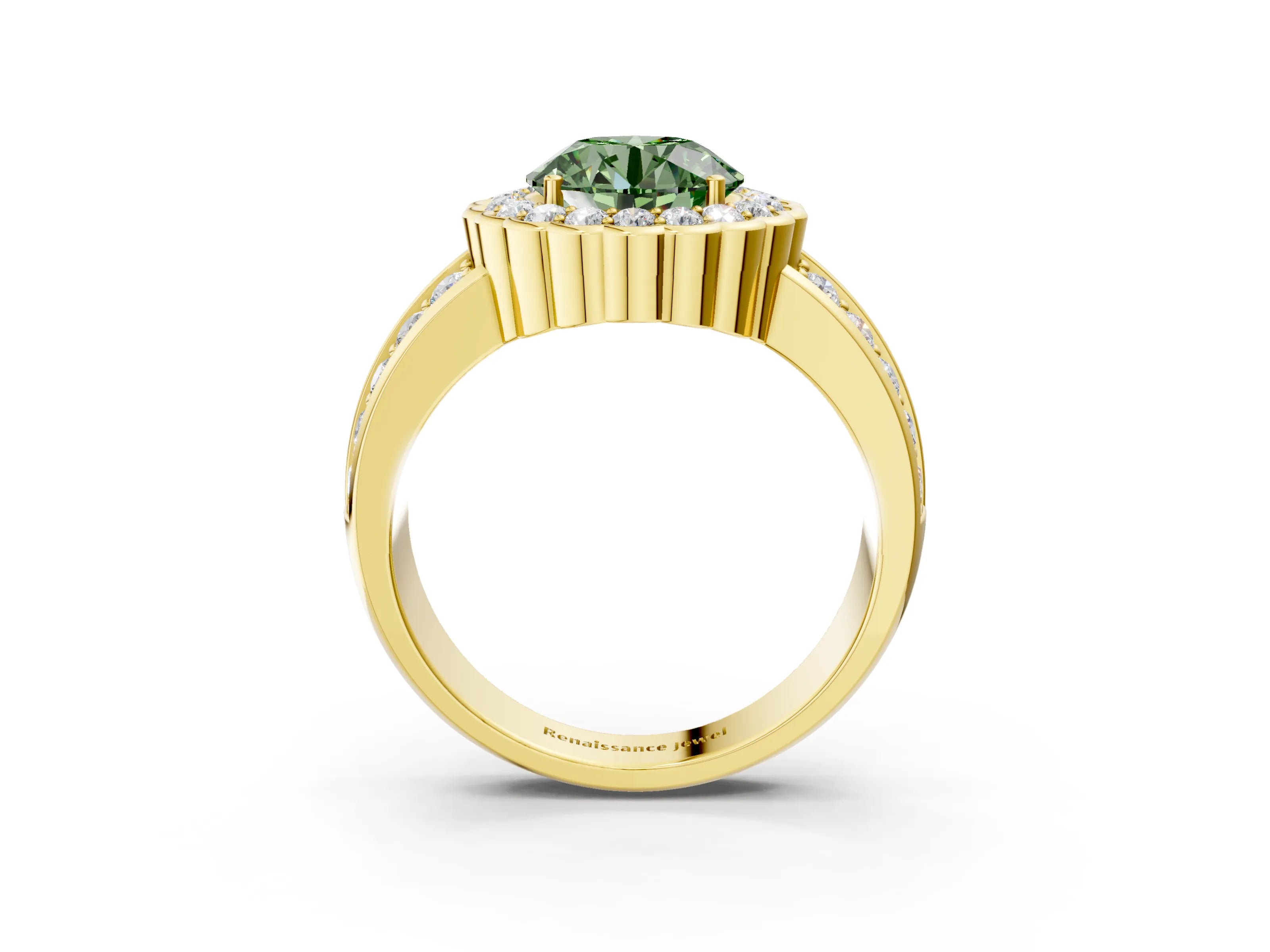 Yellow gold Fancy Green Round Cut Halo Diamond Split Shank Ring with Scalloped Prong Setting_3