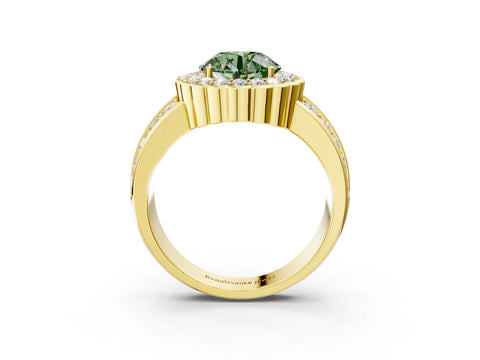 Yellow gold Fancy Green Round Cut Halo Diamond Split Shank Ring with Scalloped Prong Setting_3