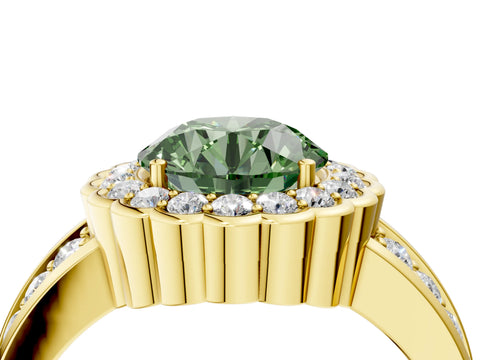 Yellow gold Fancy Green Round Cut Halo Diamond Split Shank Ring with Scalloped Prong Setting_4