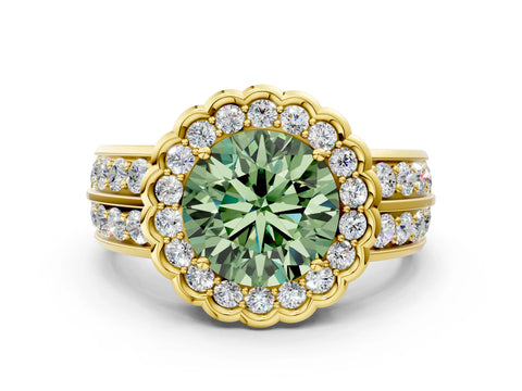 Yellow gold Fancy Green Round Cut Halo Diamond Split Shank Ring with Scalloped Prong Setting