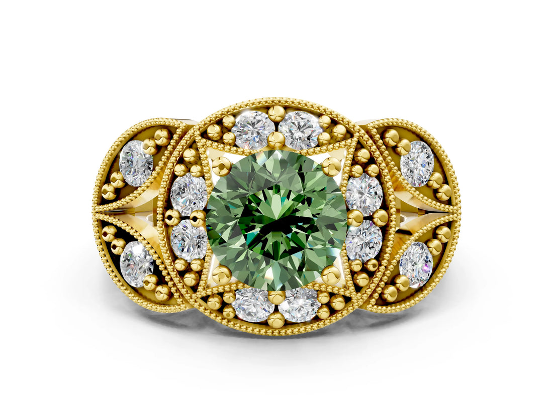 Yellow gold Fancy Green Round Cut Halo Milgrain Diamond Engagement Ring with Leaf Band and Four-Prong Setting