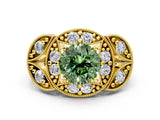 Yellow gold Fancy Green Round Cut Halo Milgrain Diamond Engagement Ring with Leaf Band and Four-Prong Setting