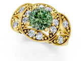 Yellow gold Fancy Green Round Cut Halo Milgrain Diamond Engagement Ring with Leaf Band and Four-Prong Setting_1