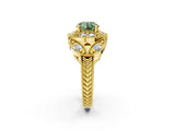 Yellow gold Fancy Green Round Cut Halo Milgrain Diamond Engagement Ring with Leaf Band and Four-Prong Setting_2