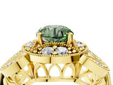 Yellow gold Fancy Green Round Cut Halo Milgrain Diamond Engagement Ring with Leaf Band and Four-Prong Setting_4