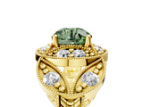 Yellow gold Fancy Green Round Cut Halo Milgrain Diamond Engagement Ring with Leaf Band and Four-Prong Setting_5