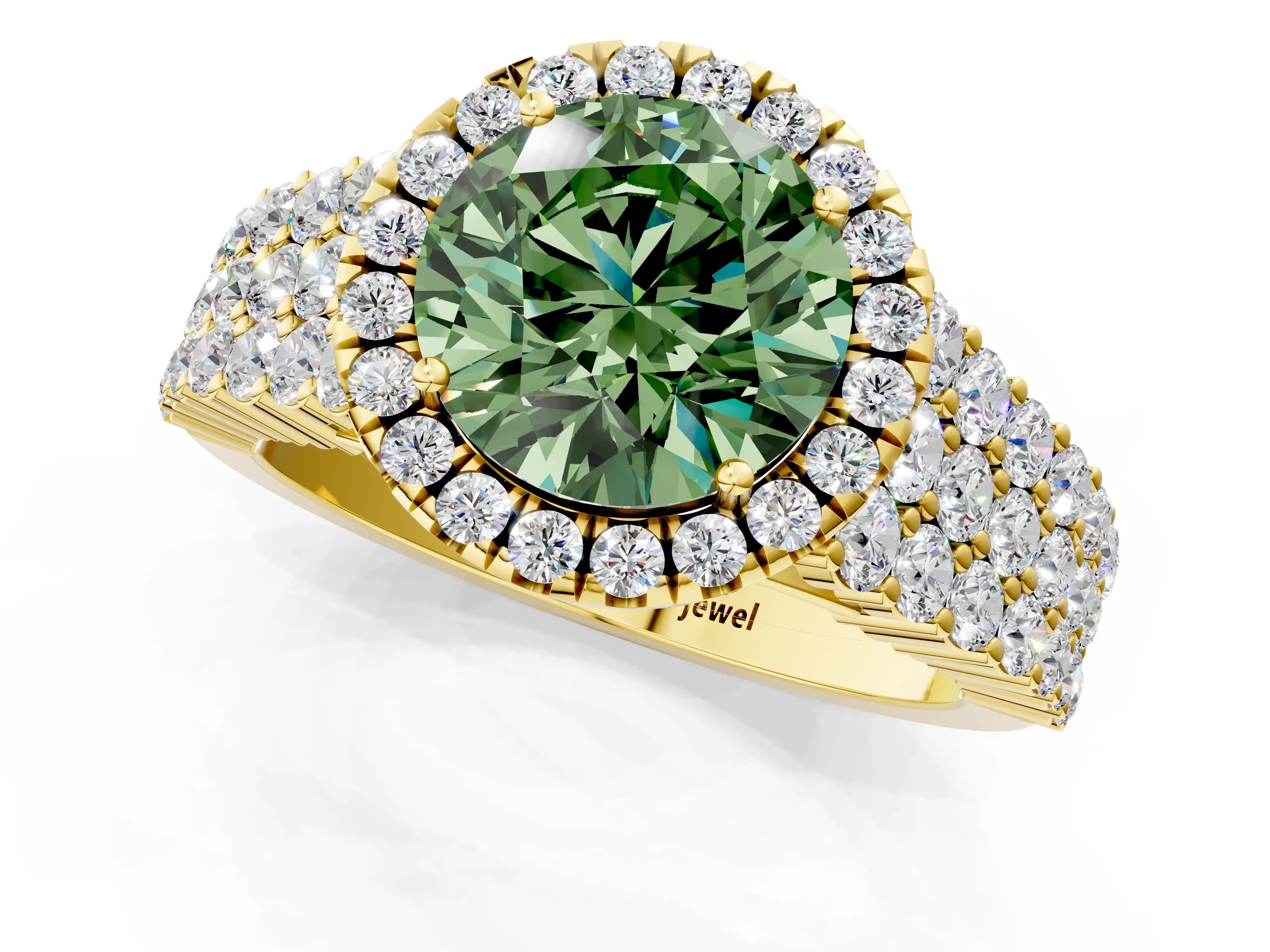 Yellow gold Fancy Green Round Cut Halo Pavé Diamond Engagement Ring with Split Shank and Four-Prong Setting_4