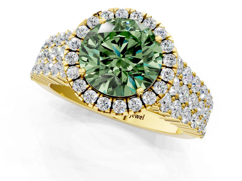 Yellow gold Fancy Green Round Cut Halo Pavé Diamond Engagement Ring with Split Shank and Four-Prong Setting_4