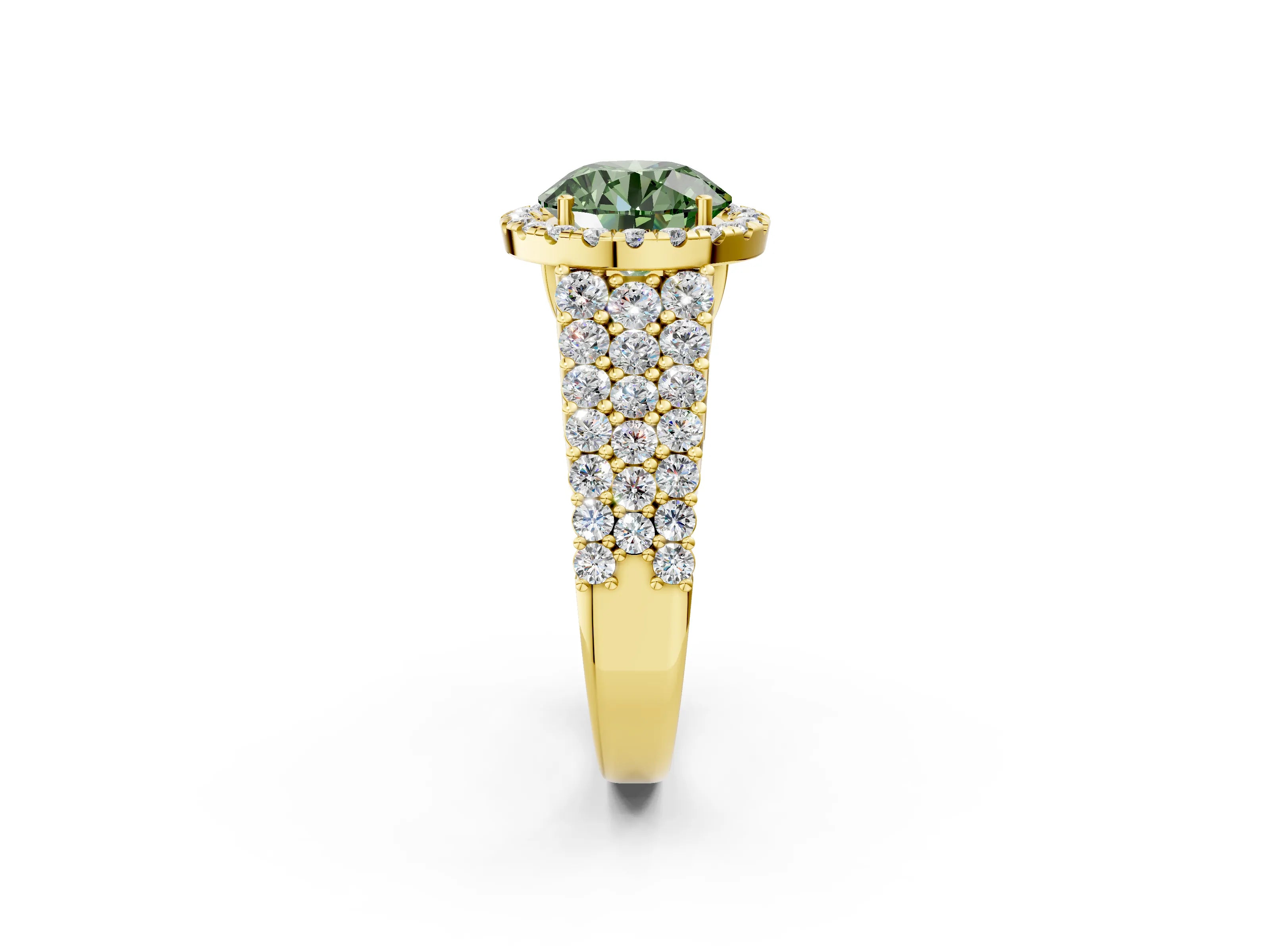 Yellow gold Fancy Green Round Cut Halo Pavé Diamond Engagement Ring with Split Shank and Four-Prong Setting_5