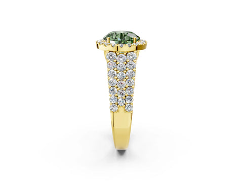 Yellow gold Fancy Green Round Cut Halo Pavé Diamond Engagement Ring with Split Shank and Four-Prong Setting_5