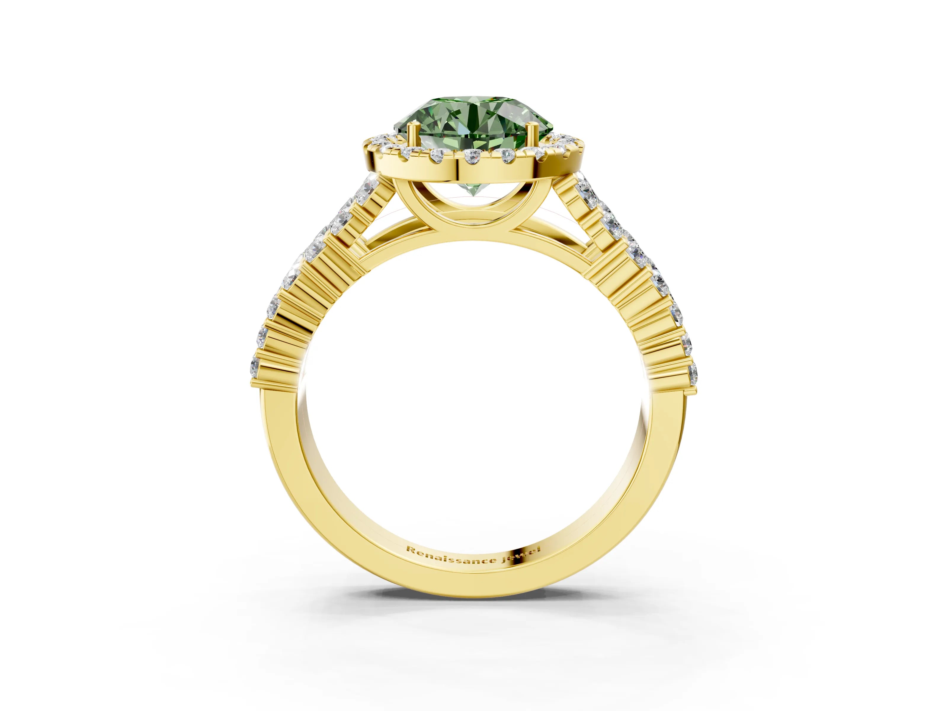Yellow gold Fancy Green Round Cut Halo Pavé Diamond Engagement Ring with Split Shank and Four-Prong Setting_6