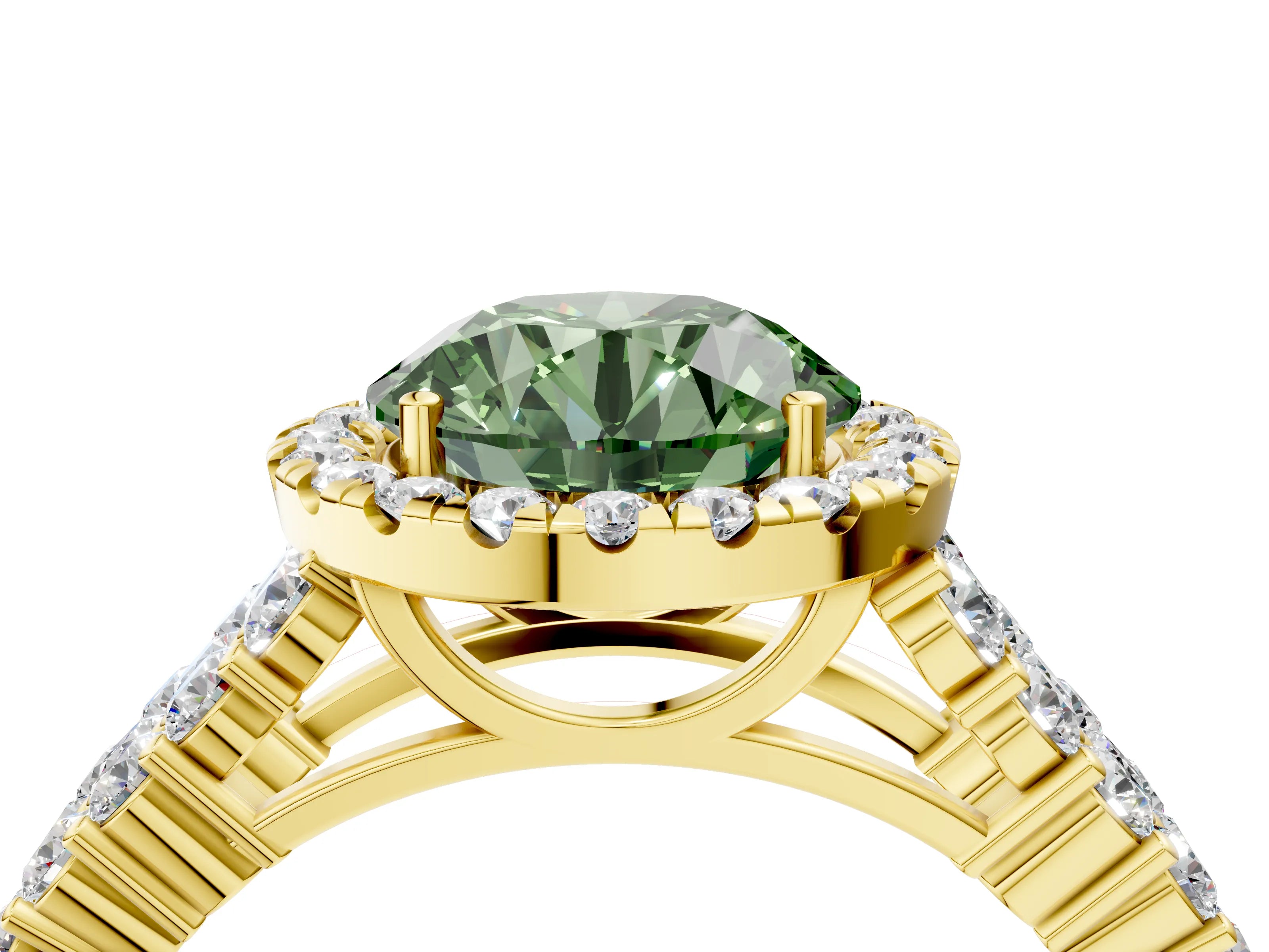 Yellow gold Fancy Green Round Cut Halo Pavé Diamond Engagement Ring with Split Shank and Four-Prong Setting_7