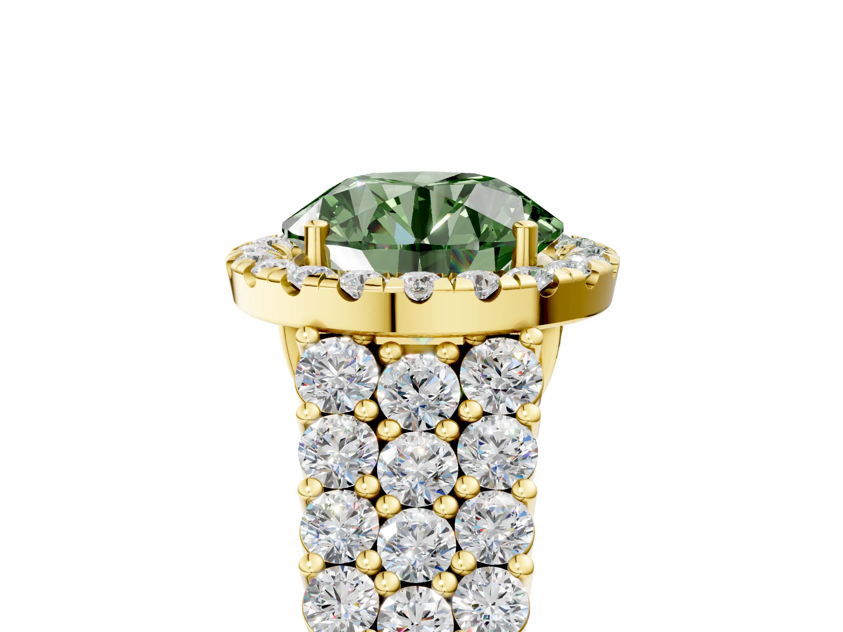 Yellow gold Fancy Green Round Cut Halo Pavé Diamond Engagement Ring with Split Shank and Four-Prong Setting_8