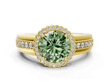 Yellow gold Fancy Green Round  Cut Halo Pave Band Four-Prong Ring_49