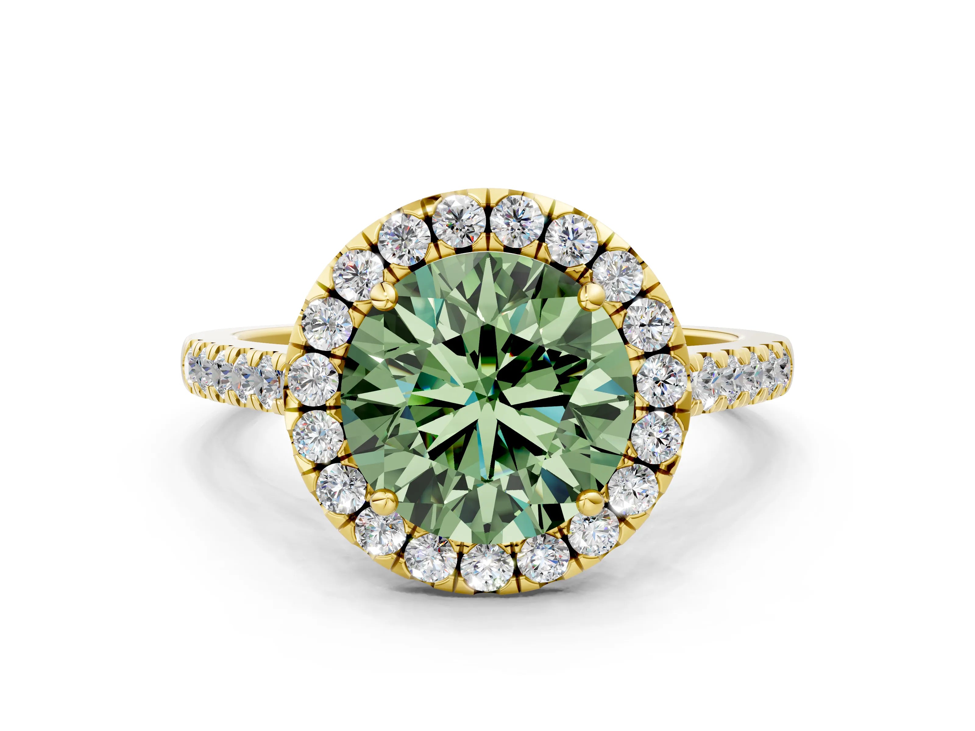 Yellow gold Fancy Green Round Cut Halo Pave Diamond Engagement Ring with Four-Prong Setting_12