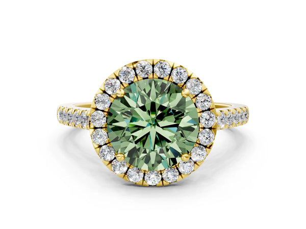 Yellow gold Fancy Green Round Cut Halo Pave Diamond Engagement Ring with Four-Prong Setting