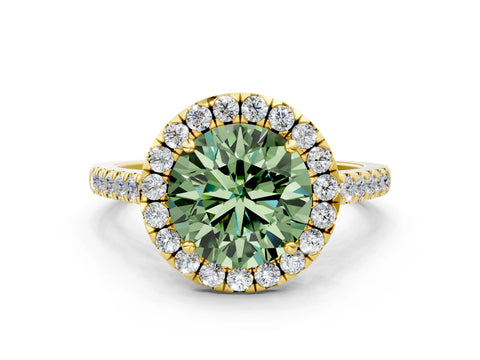 Yellow gold Fancy Green Round Cut Halo Pave Diamond Engagement Ring with Four-Prong Setting_12