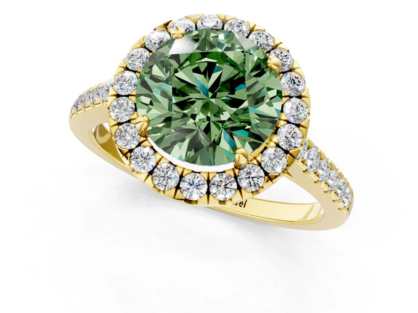 Yellow gold Fancy Green Round Cut Halo Pave Diamond Engagement Ring with Four-Prong Setting