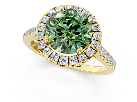 Yellow gold Fancy Green Round Cut Halo Pave Diamond Engagement Ring with Four-Prong Setting_13