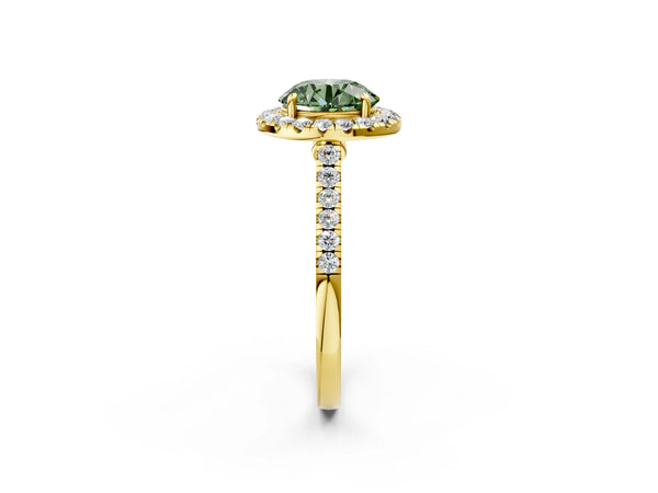 Yellow gold Fancy Green Round Cut Halo Pave Diamond Engagement Ring with Four-Prong Setting