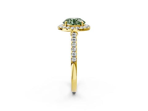 Yellow gold Fancy Green Round Cut Halo Pave Diamond Engagement Ring with Four-Prong Setting_14