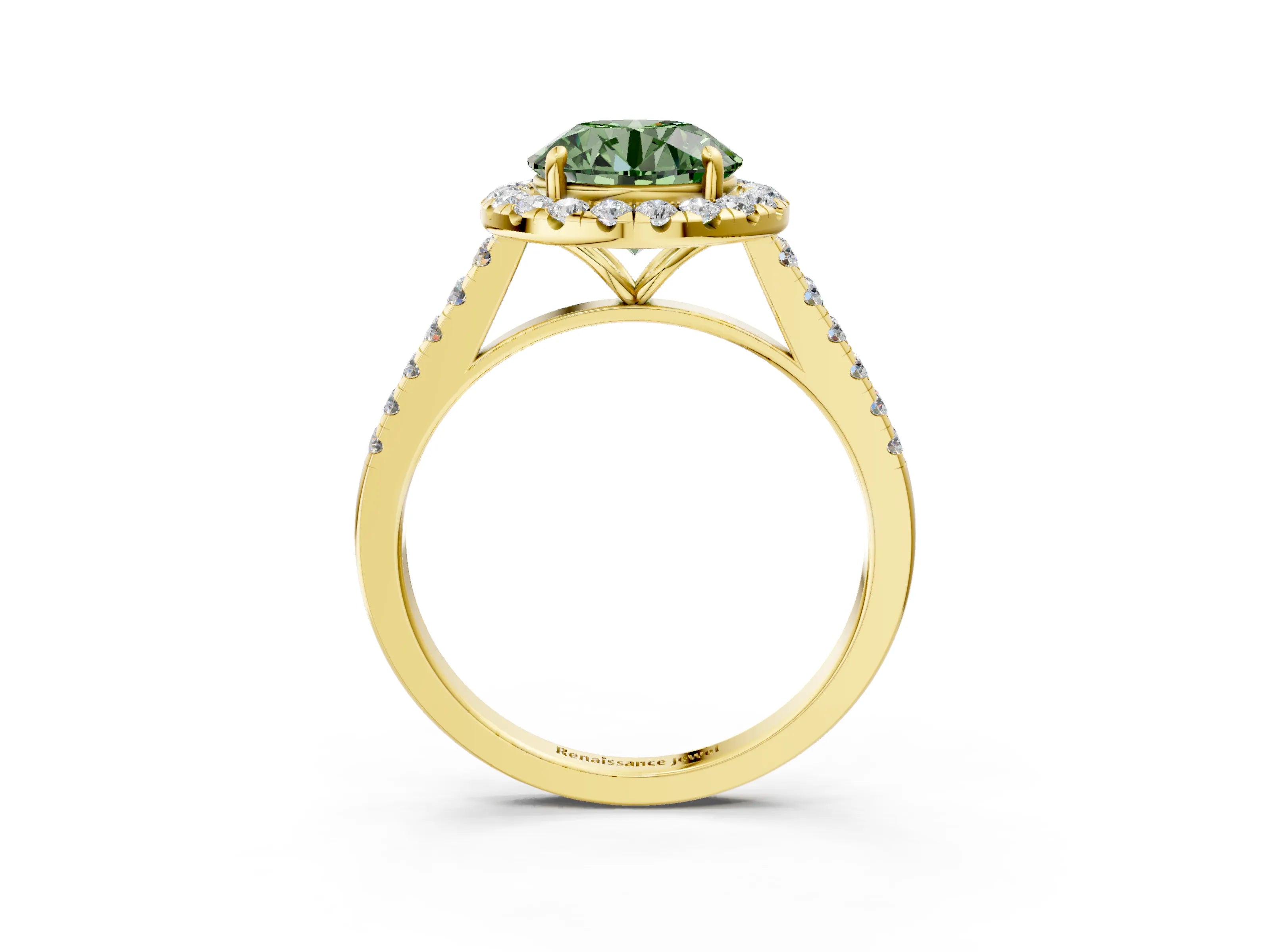 Yellow gold Fancy Green Round Cut Halo Pave Diamond Engagement Ring with Four-Prong Setting_15