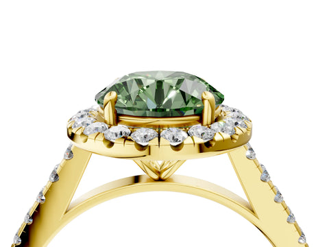 Yellow gold Fancy Green Round Cut Halo Pave Diamond Engagement Ring with Four-Prong Setting_16