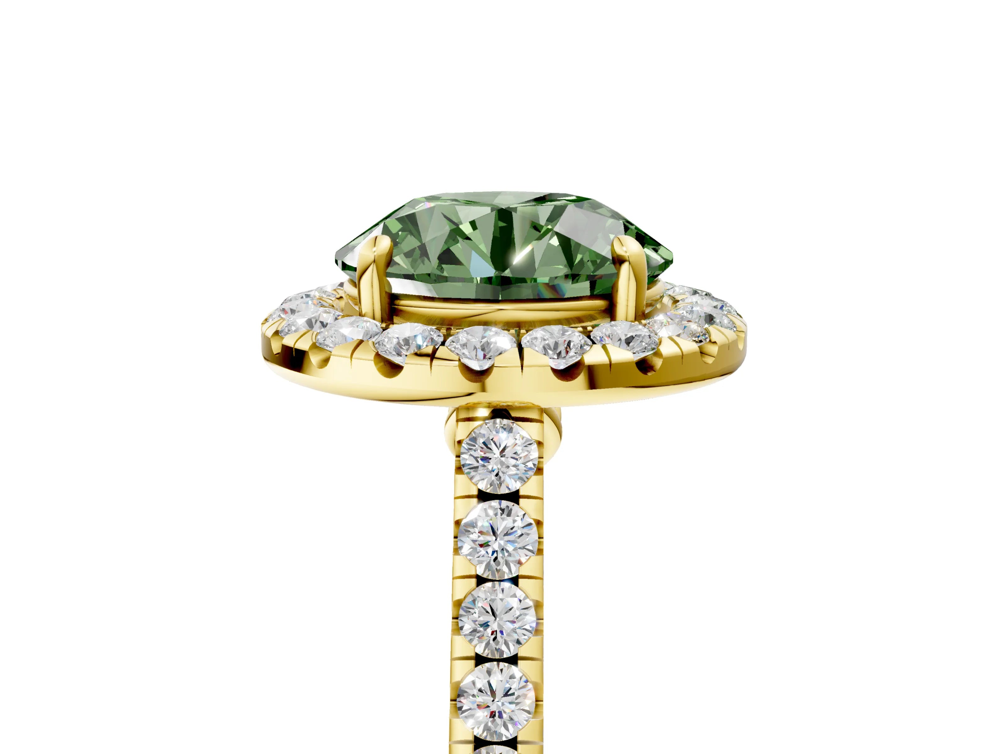 Yellow gold Fancy Green Round Cut Halo Pave Diamond Engagement Ring with Four-Prong Setting_17