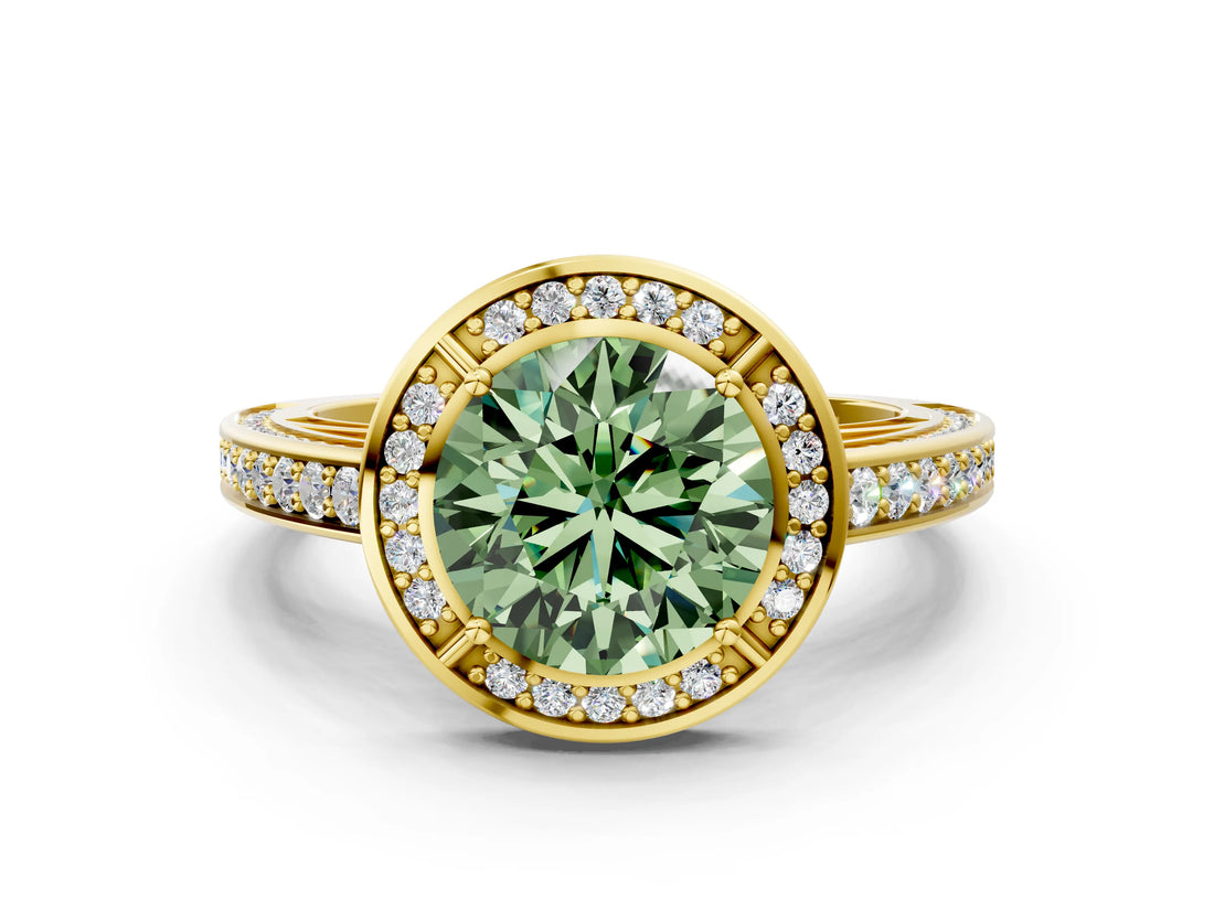 Yellow gold Fancy Green Round  Cut Halo Pave Split Shank Prong Setting Ring_33