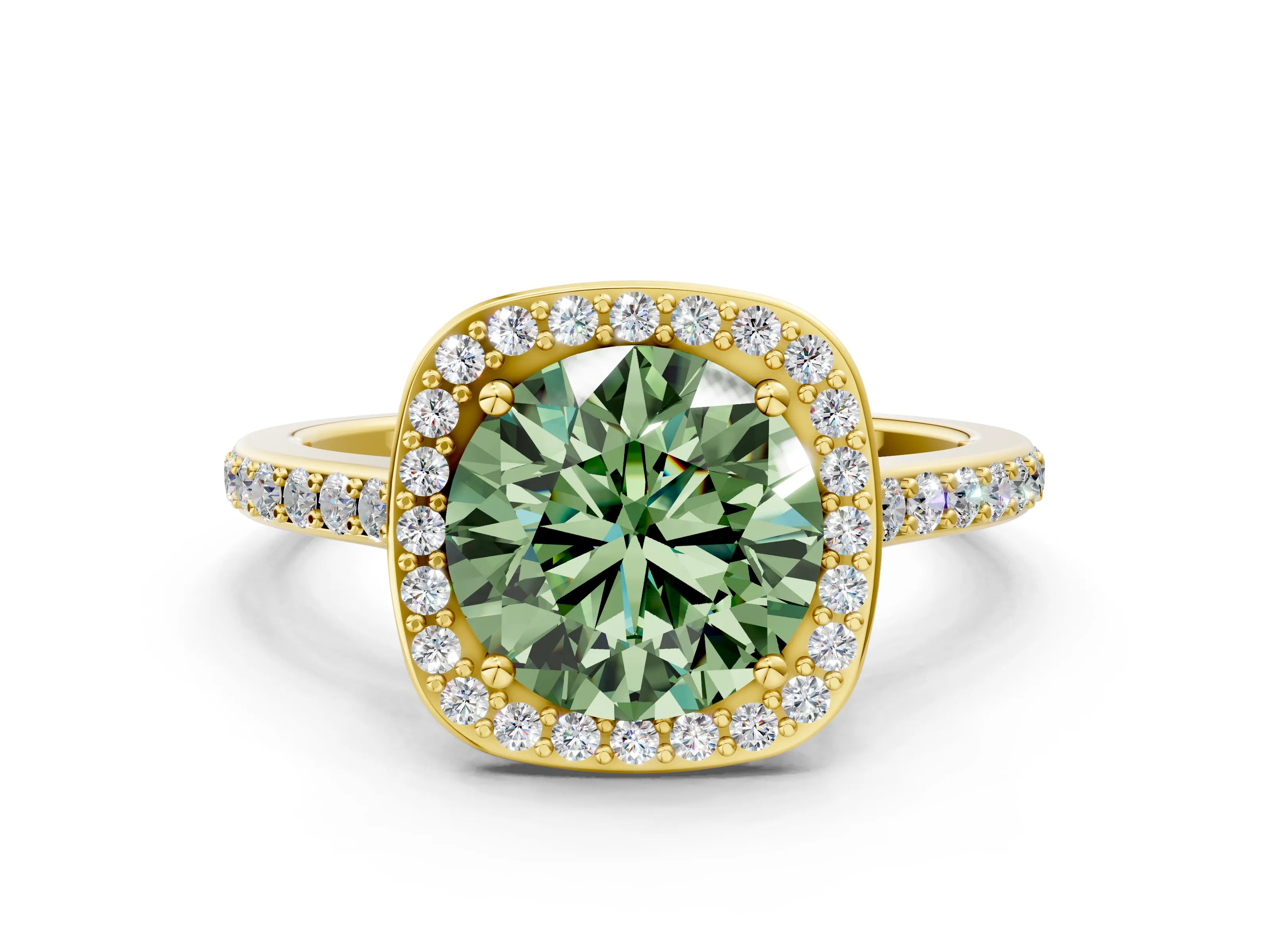 Yellow gold Fancy Green Round Cut Halo Round Diamond Pavé Band with Four-Prong Setting_3