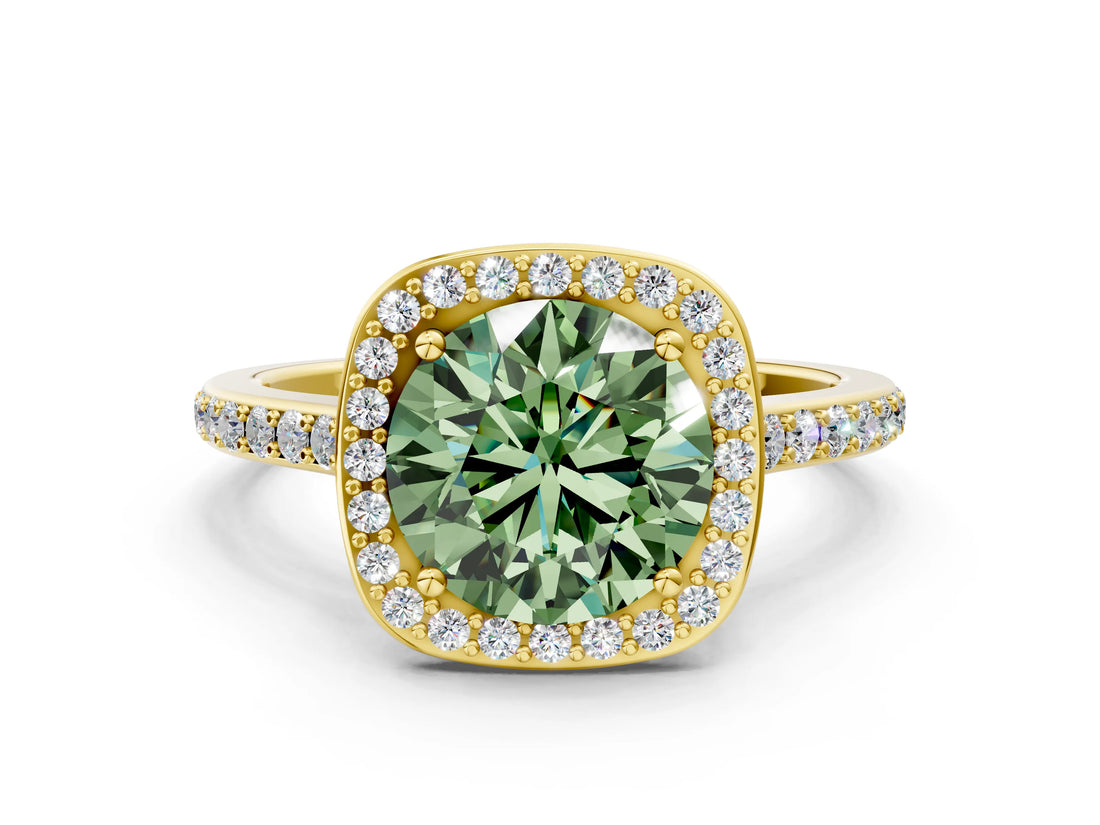 Yellow gold Fancy Green Round Cut Halo Round Diamond Pavé Band with Four-Prong Setting_3