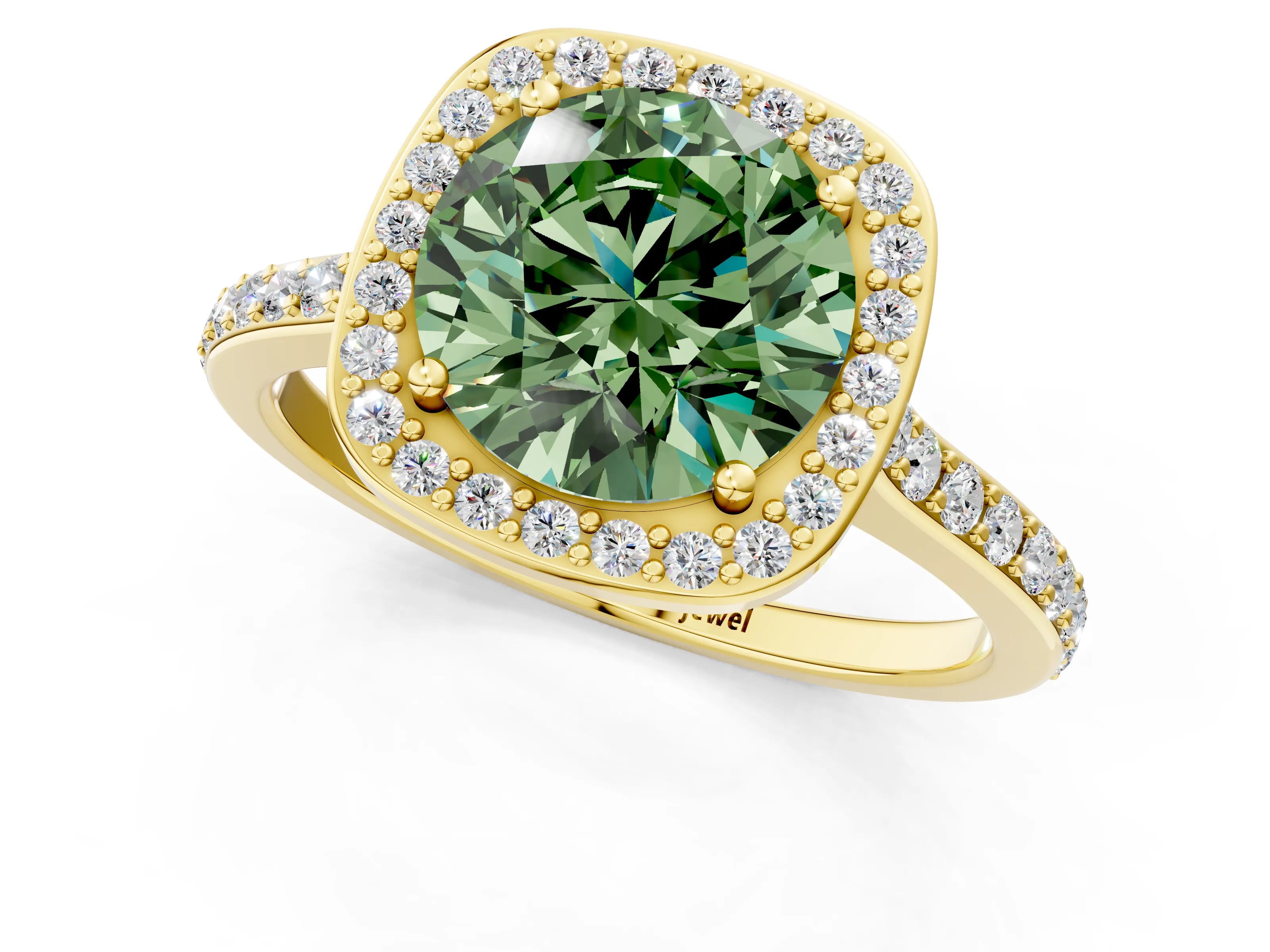 Yellow gold Fancy Green Round Cut Halo Round Diamond Pavé Band with Four-Prong Setting_4