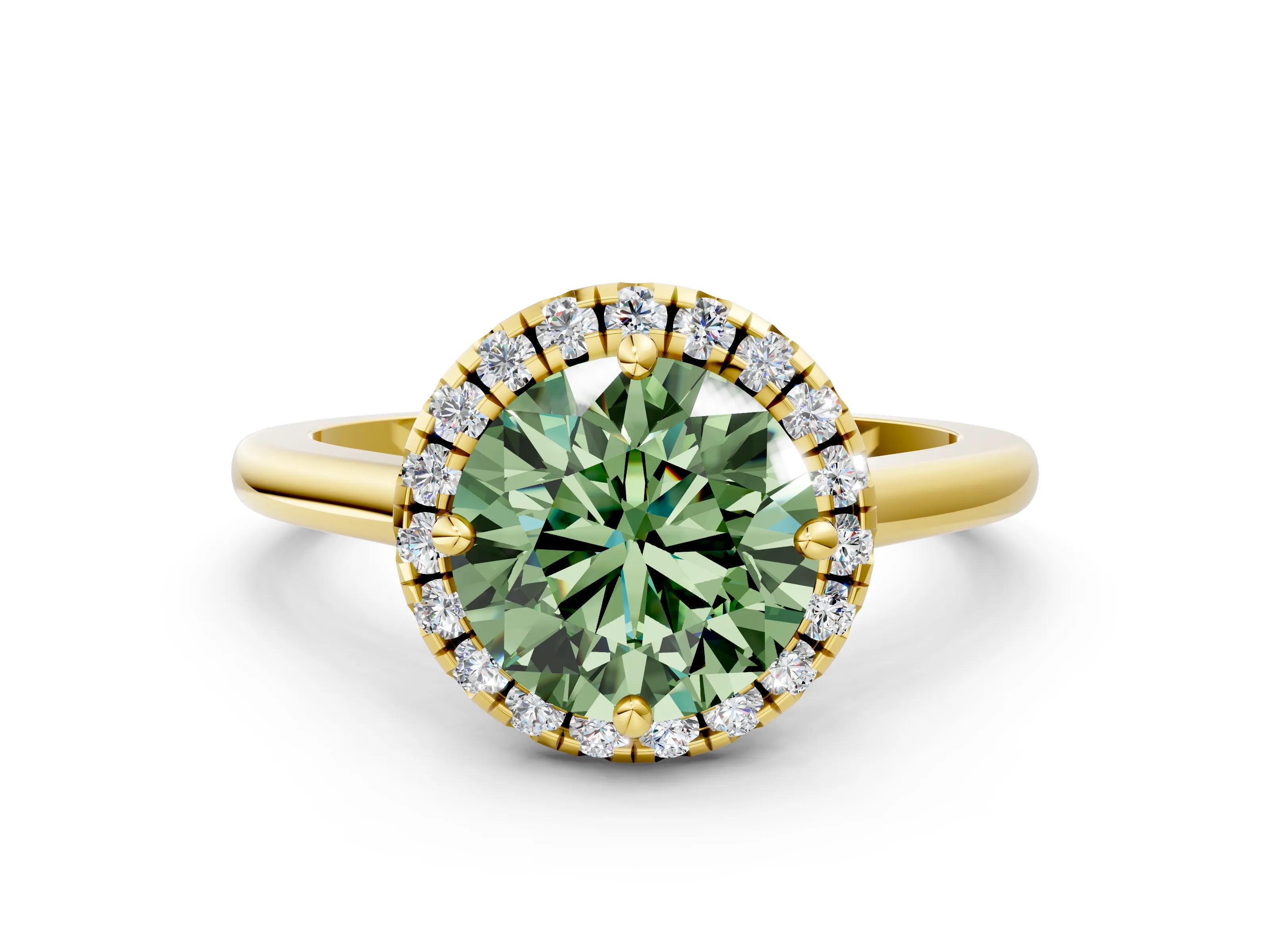 Yellow gold Fancy Green Round Cut Halo Round Diamond Solitaire Engagement Ring with Pave Band and Four-Prong Setting_12