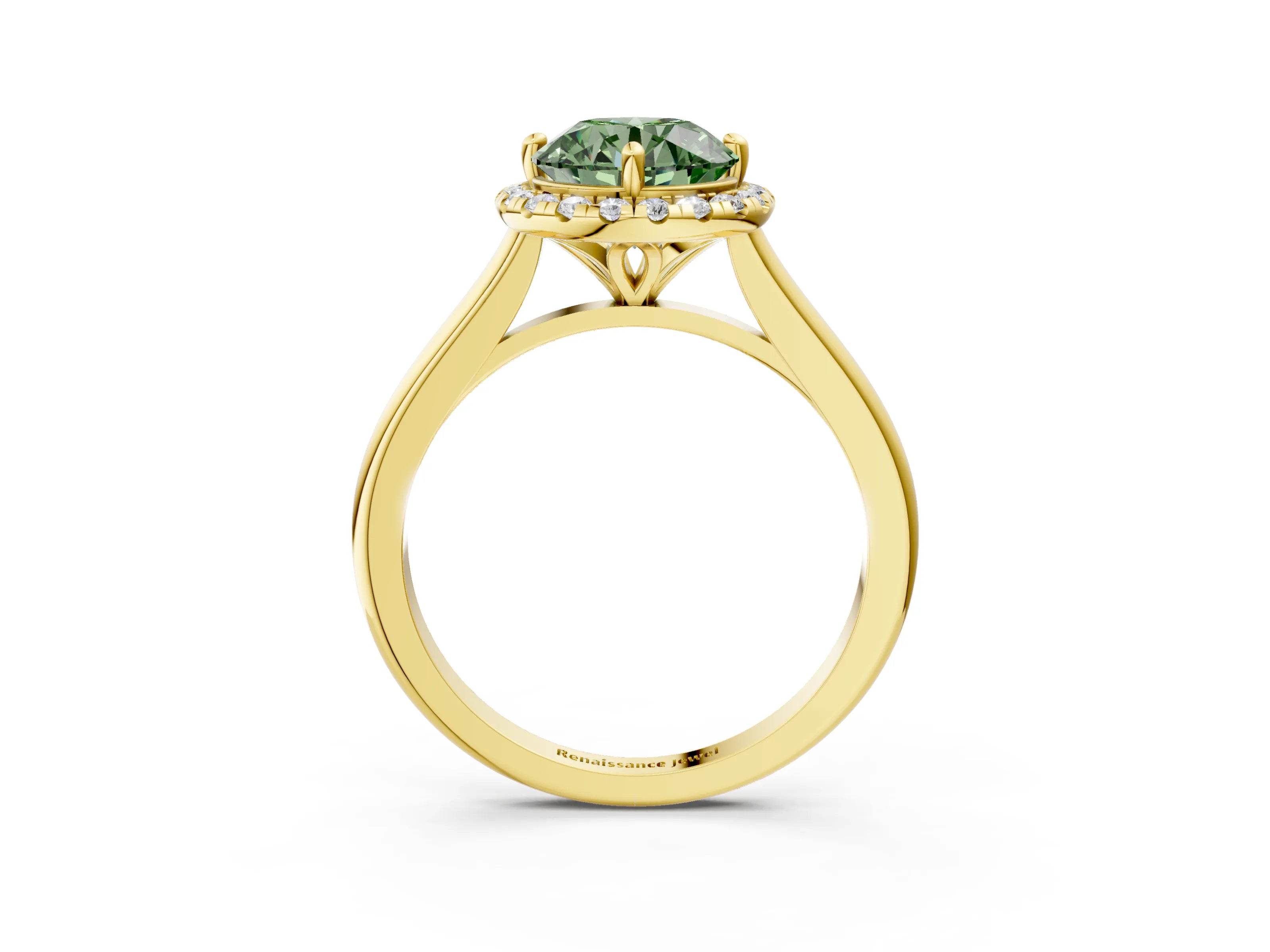 Yellow gold Fancy Green Round Cut Halo Round Diamond Solitaire Engagement Ring with Pave Band and Four-Prong Setting_15